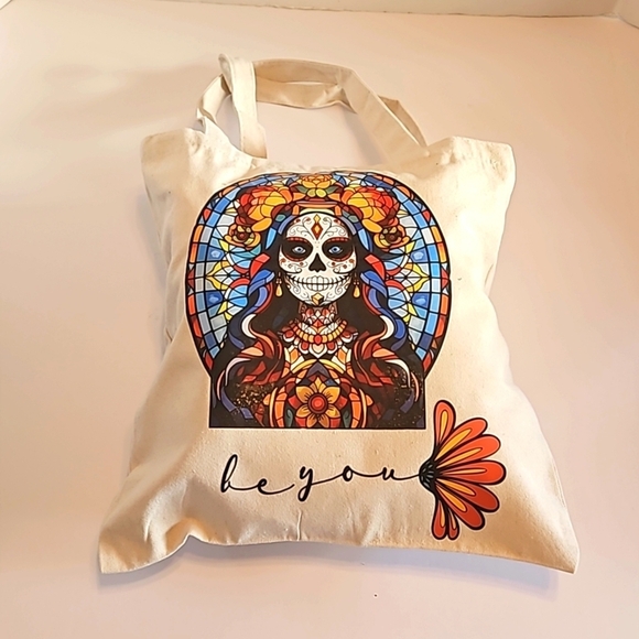 Hand Crafted Tote Bag Sugar Skull Multicolored Be You Reusable grocery bag 13" - Picture 5 of 17